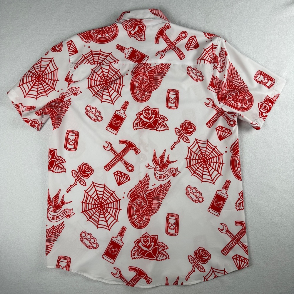 Dixxon Men's PartyBoy Short Sleeve‎ Button Down Shirt Red White Large - Picture 6 of 10